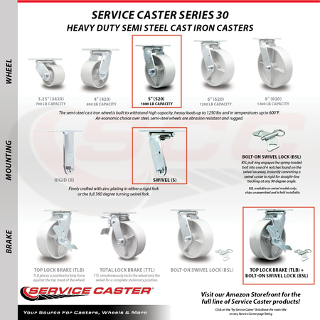 Service Caster 5 Inch Semi Steel Caster with Ball Bearing and Brake/Swivel Lock SCC-30CS520-SSB-TLB-BSL